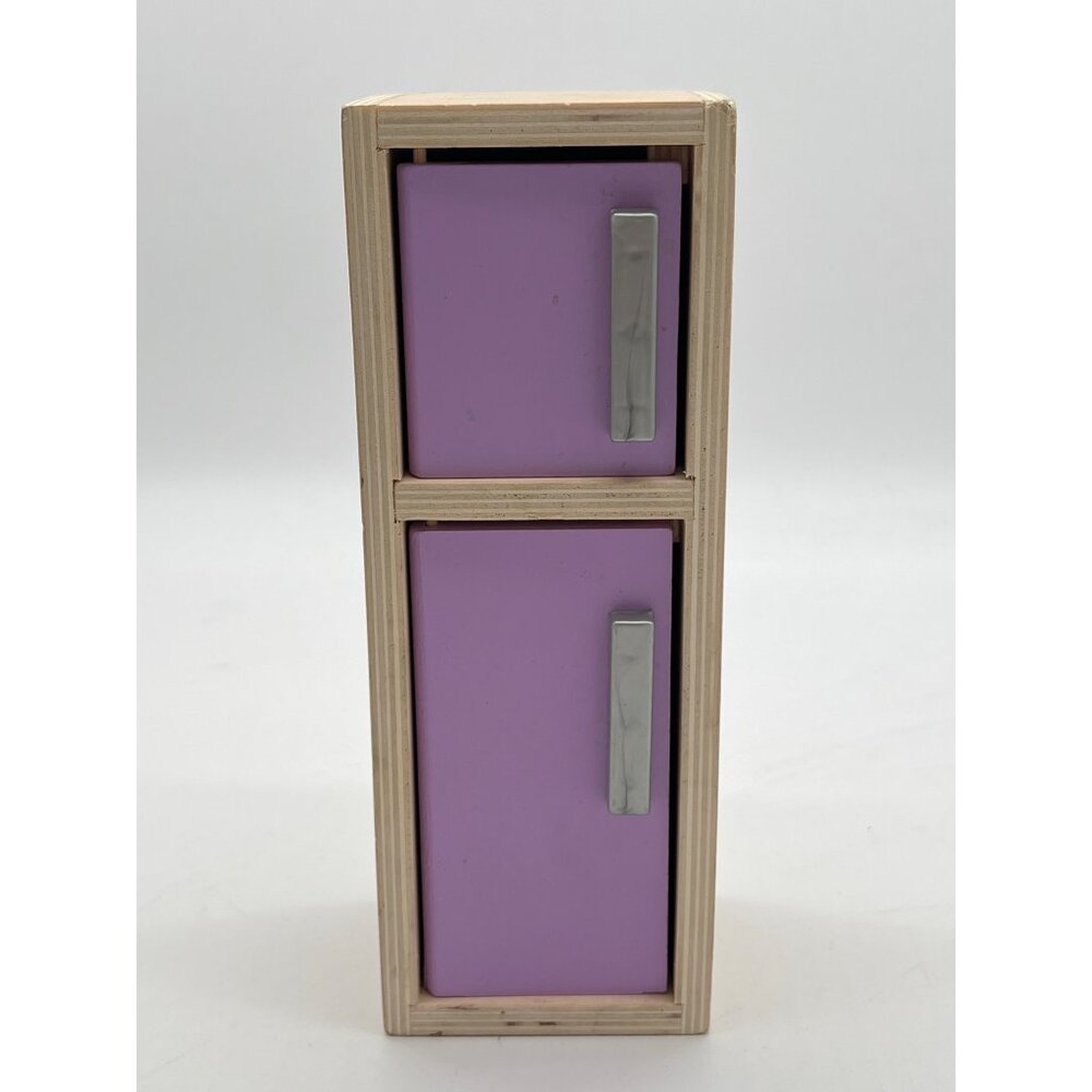 Wooden Miniature Dollhouse Fridge With Purple Doors & Silver Handles 3x8.25 Inch